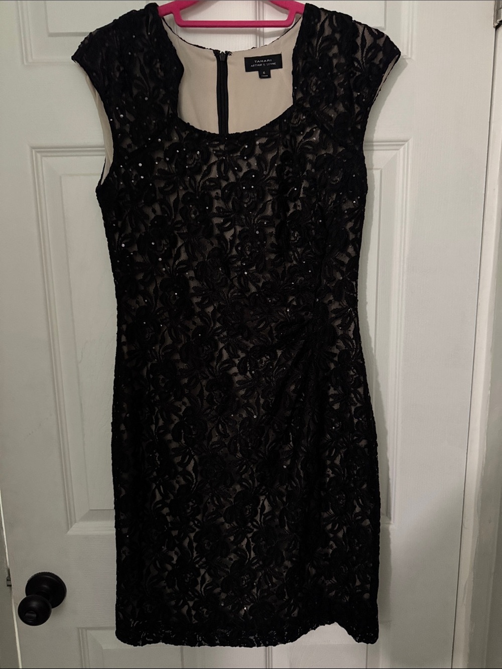 Tahari ASL Black  Lace Midi Dress with Cap Sleeves